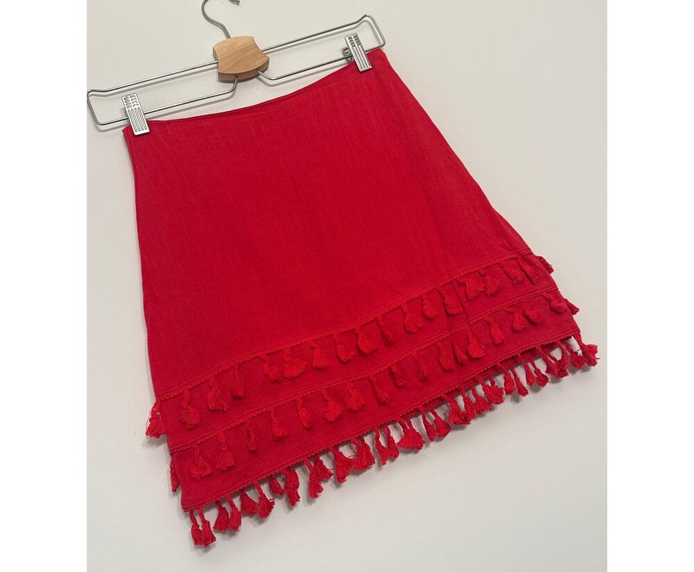 Lulus Red Pom Pom Fringe Trim Mini Skirt XS NWT